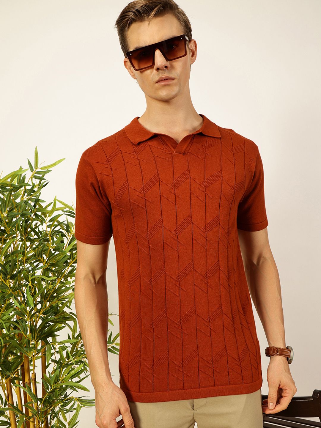 Thomas Scott Men Self Design Regular Fit Knitted Polo T-shirt