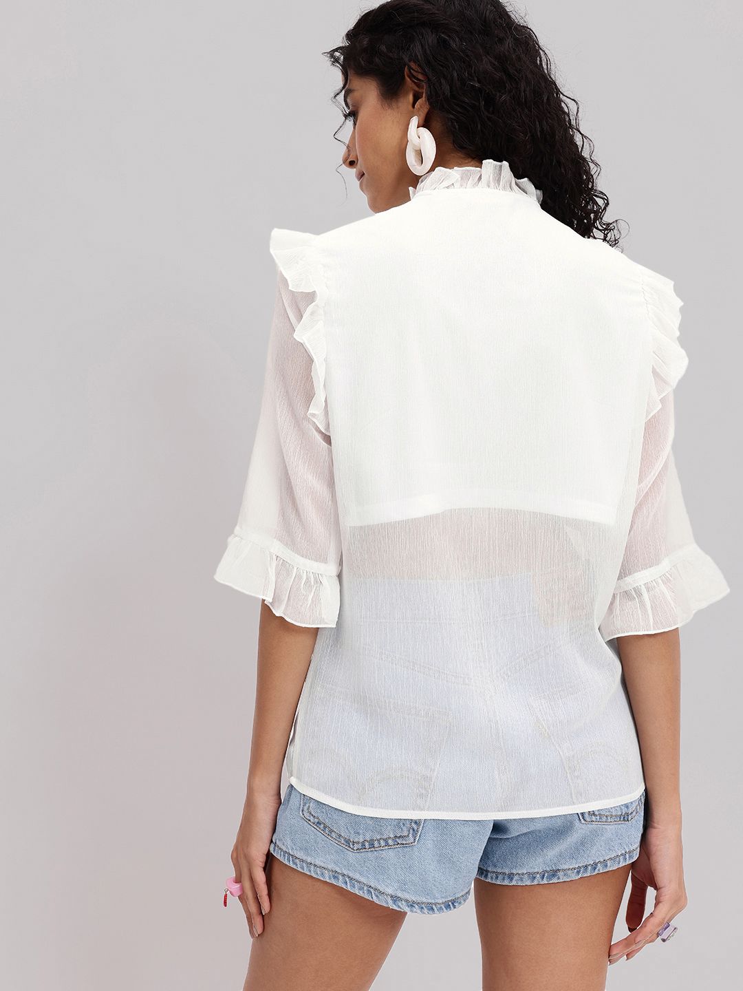 DressBerry Romantic Ruffles Strike Tie-Up Neck Bell Sleeves Top