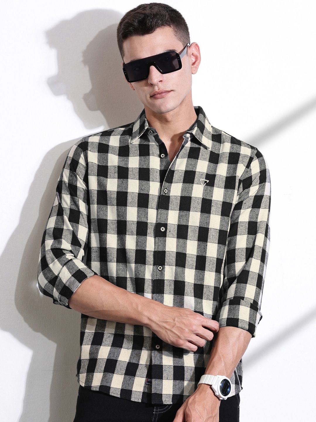 Thomas Scott Men Classic Slim Fit Spread Collar Windowpane Checked Cotton Casual Shirt