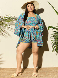 Berrylush Curve Plus Size Floral Printed Top, Shrug & Shorts
