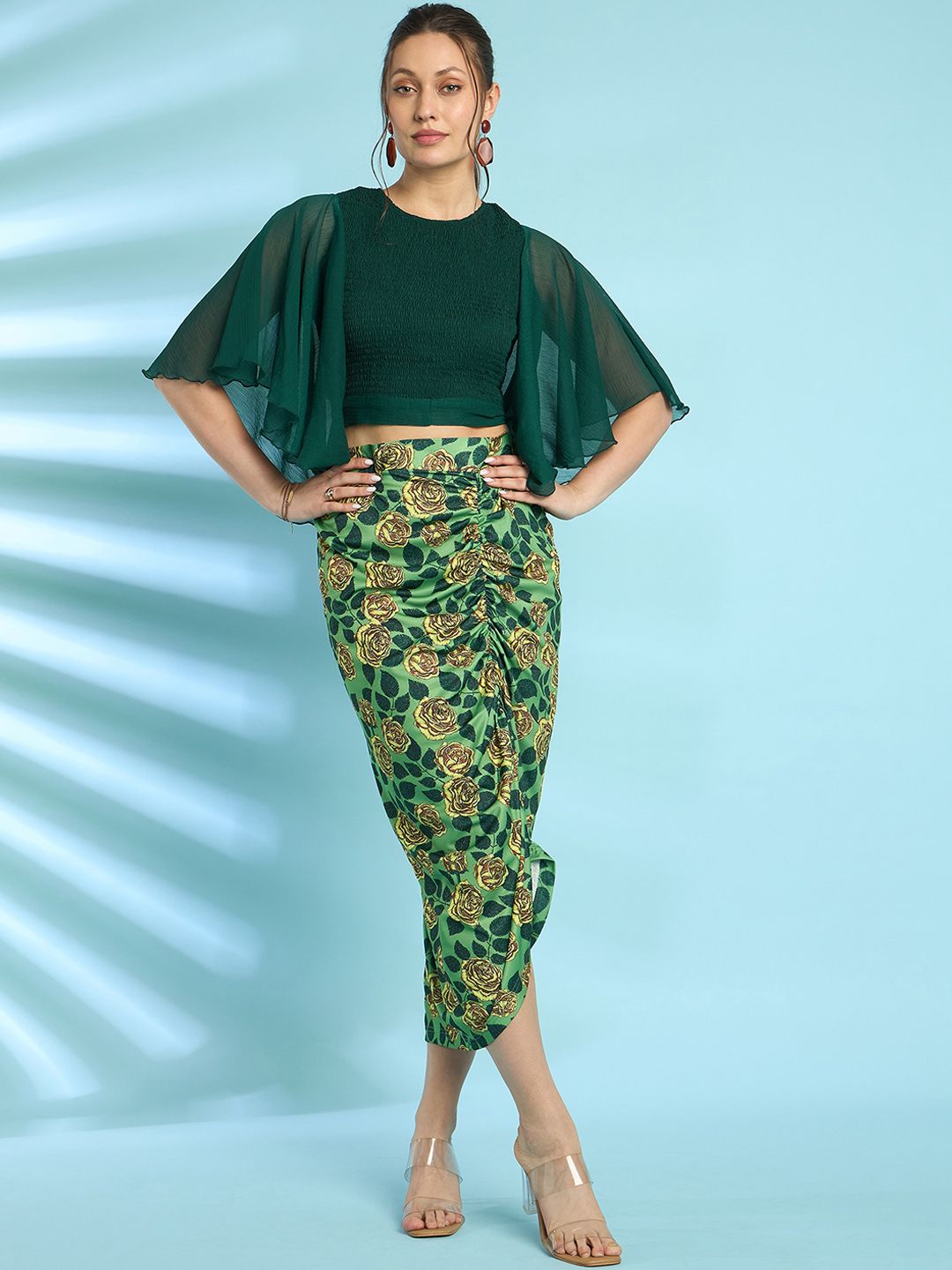 Antheaa Green Flared Sleeves Smocked Crop Top With Skirt