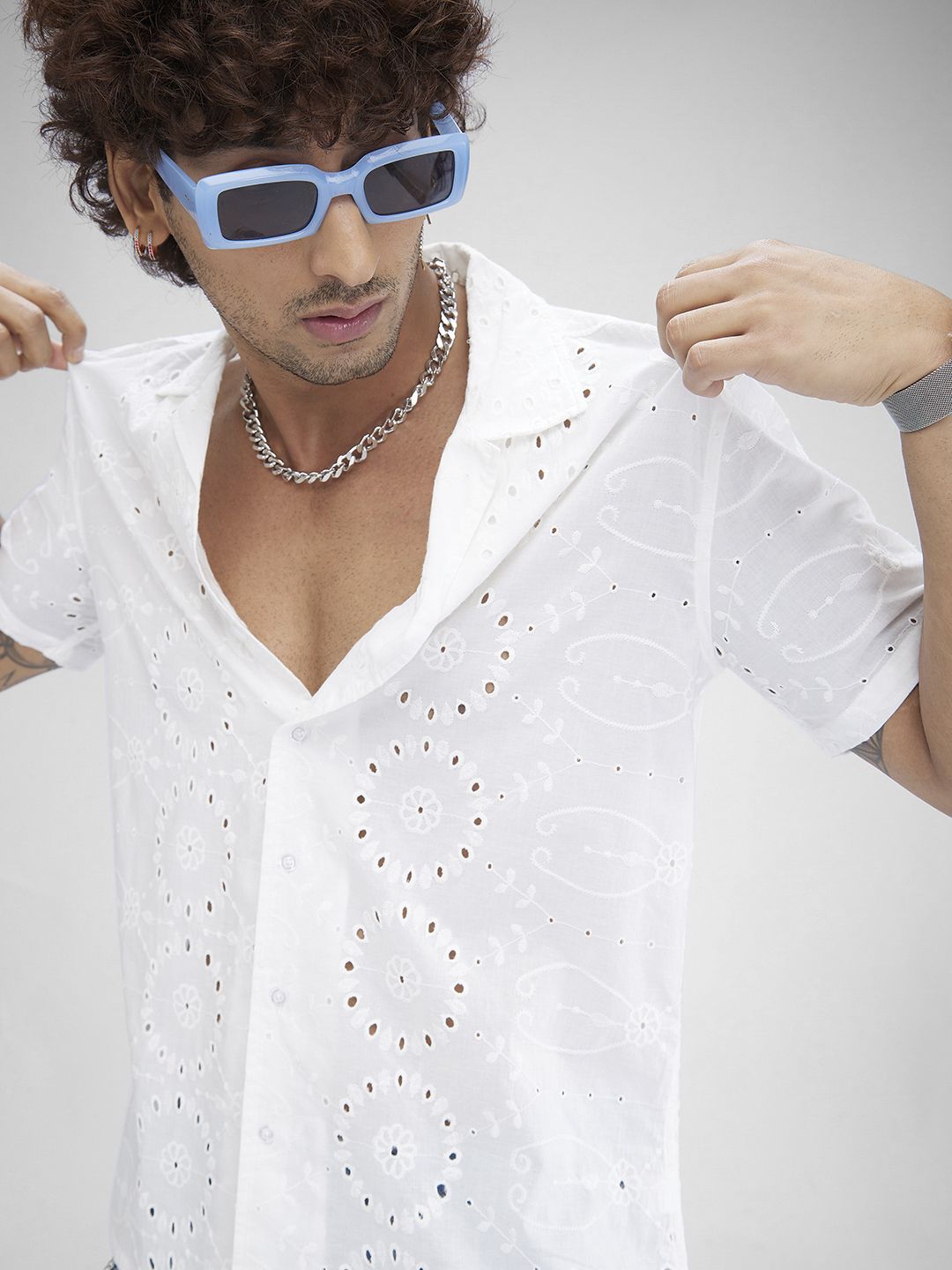 VASTRADO Classic Oversized Schiffli Floral Embroidered Cuban Collar Cotton Shirt