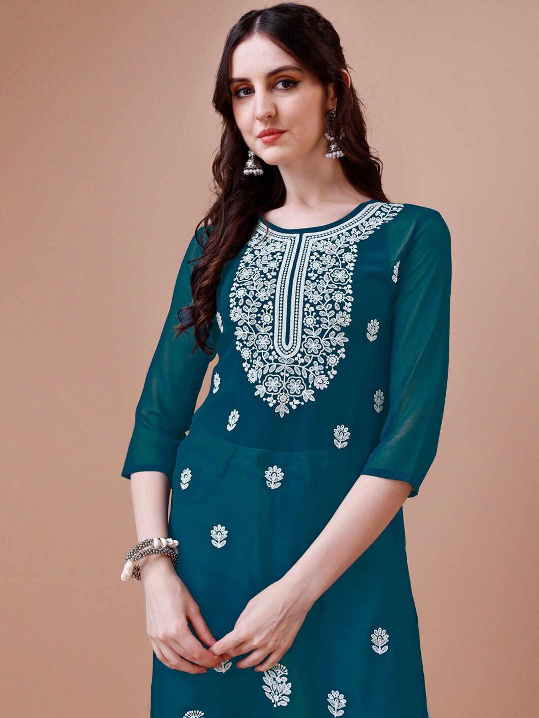 KALINI Floral Embroidered Chikankari Shadow Work Georgette Straight Kurta