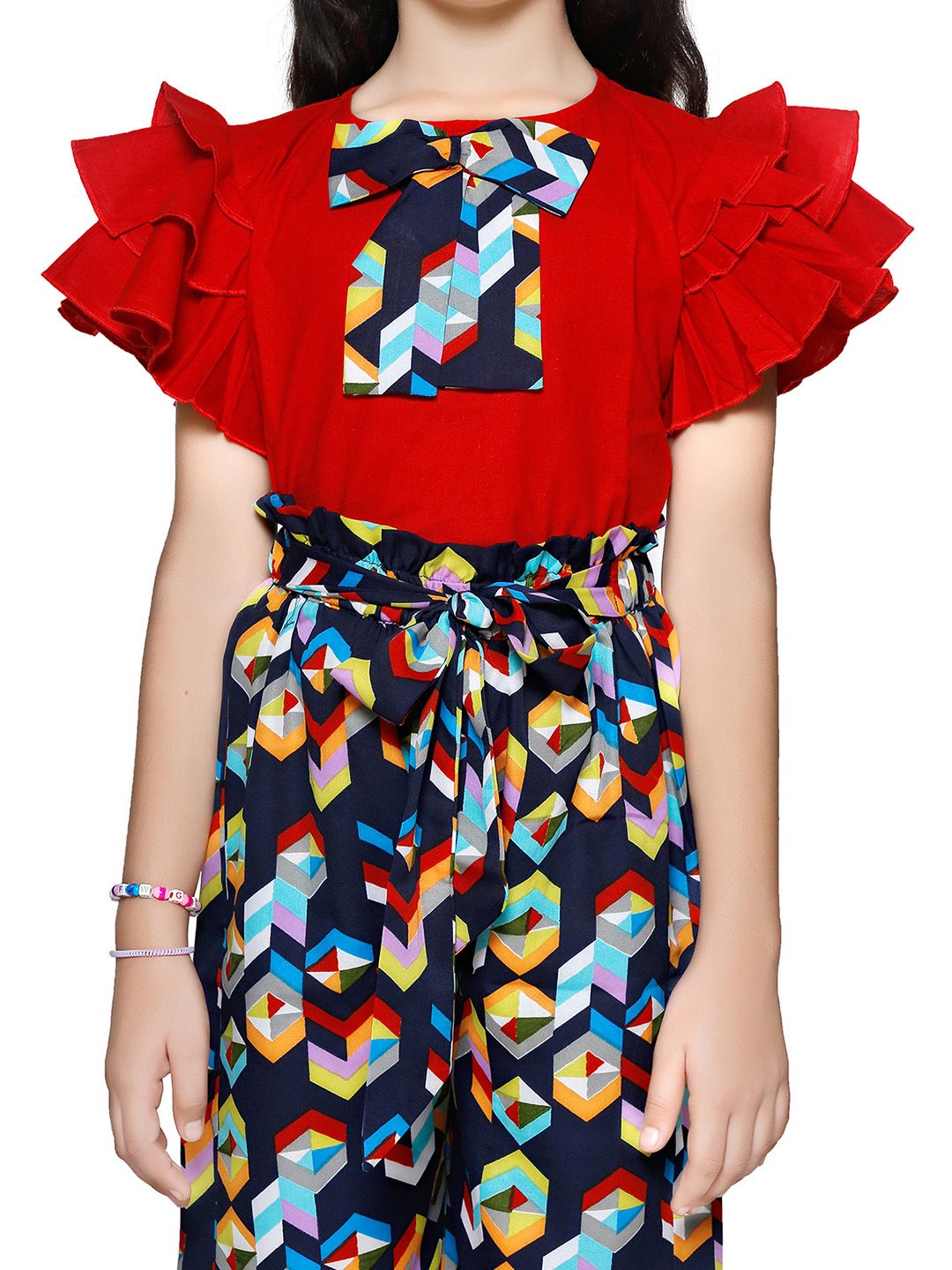 Cutiekins Girls Red & Navy Blue Printed Top With Palazzos
