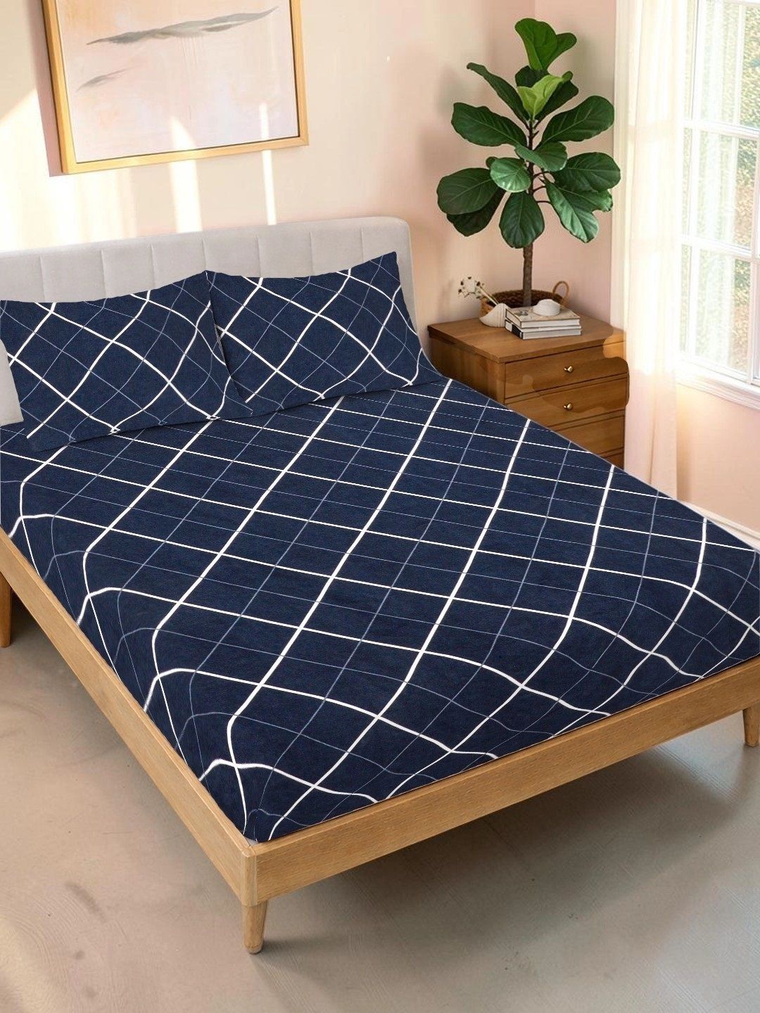 Moda Rapido X KLOTTHE Blue & White Geometric 300 TC King Bedsheet with 2 Pillow Covers
