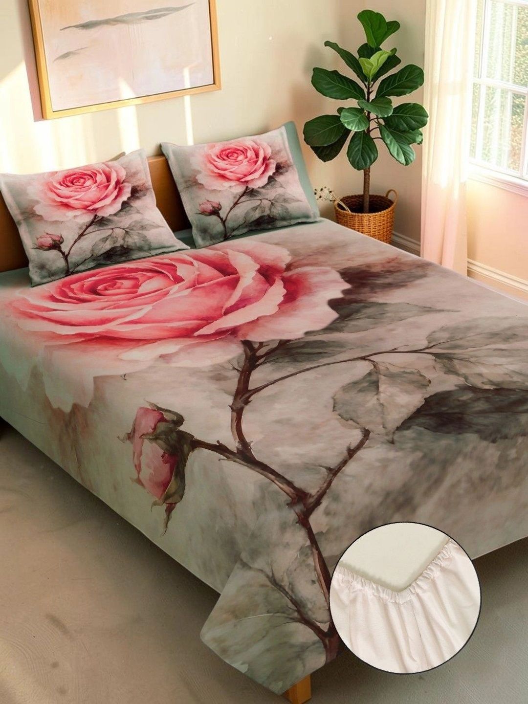 Moda Rapido X KLOTTHE Bunga Merah Jambu & Coklat 400 TC Cadar King dengan 2 Sarung Bantal