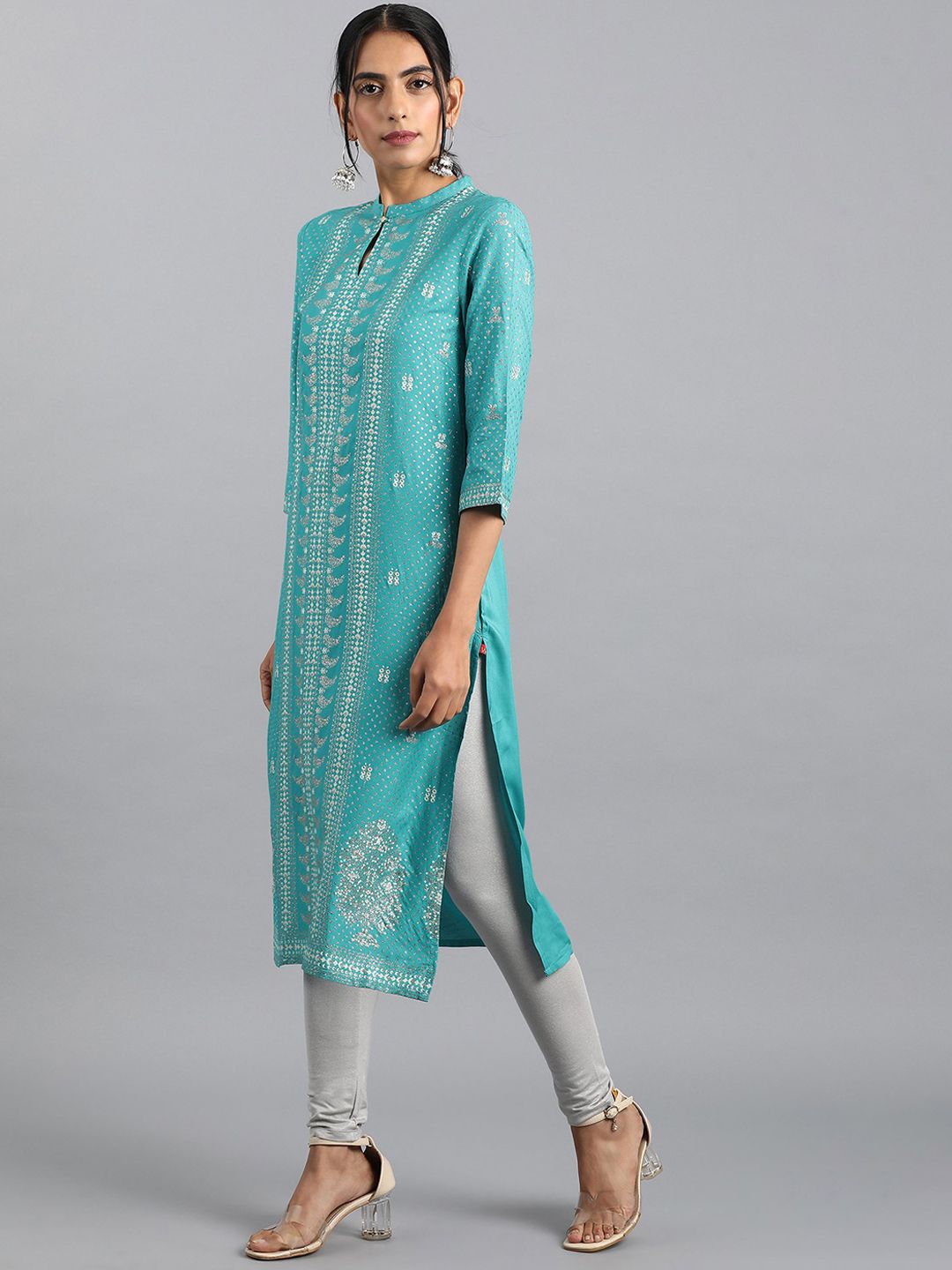 W Blue Floral Printed Keyhole Neck Straight Kurta