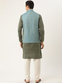 SOJANYA Kurta Tenun Jacquard Lelaki Hijau & Putih Putih dengan Jaket Churidar & Nehru