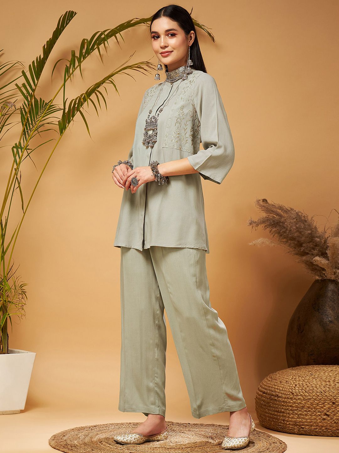 Shae by SASSAFRAS Taupe Embroidered Tunic With Palazzos