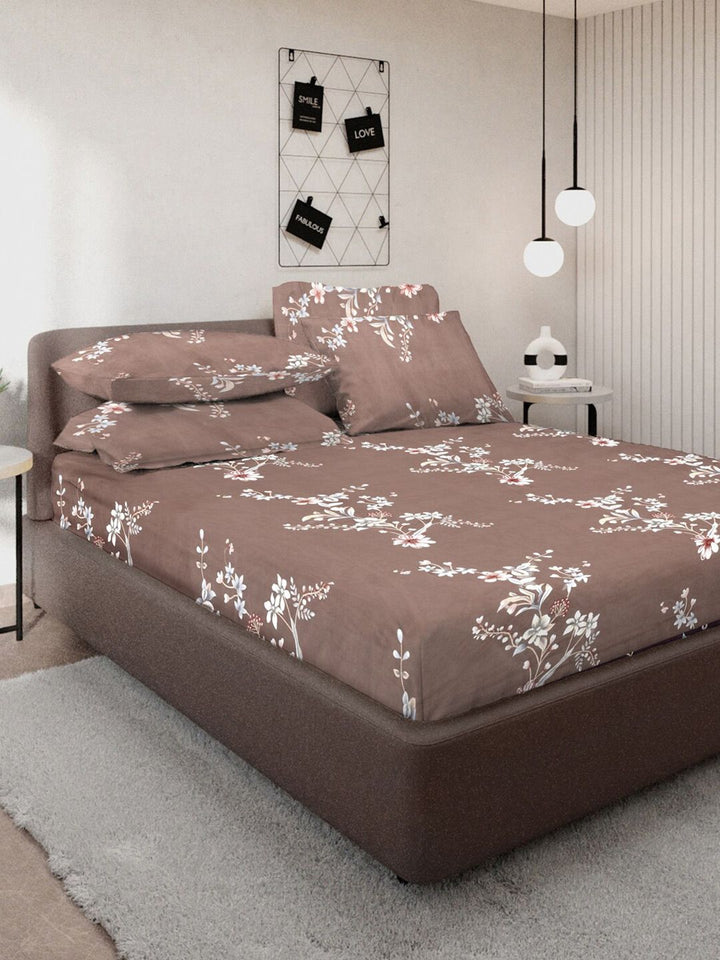 KLOTTHE Coklat & Pink Floral Printed 300 TC Dilengkapi Cadar King Double Dengan 4 Sarung Bantal