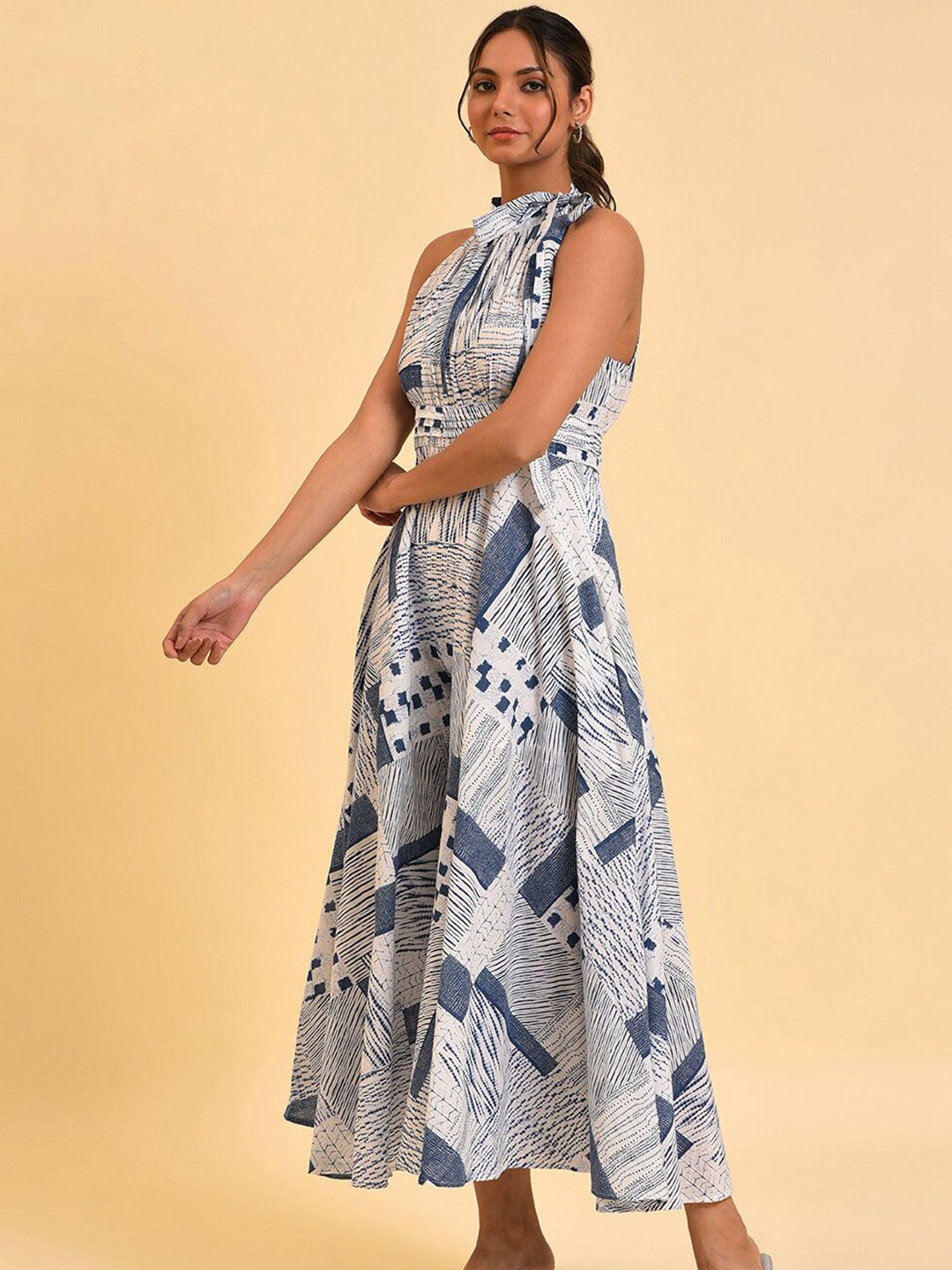 W Blue & White Halter Neck Printed Pure Cotton Culotte Jumpsuit