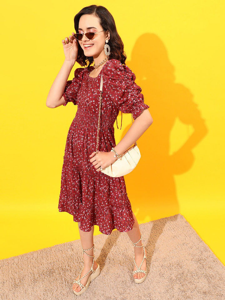 STREET 9 Puff Sleeves Tiered Georgette A-Line Dress