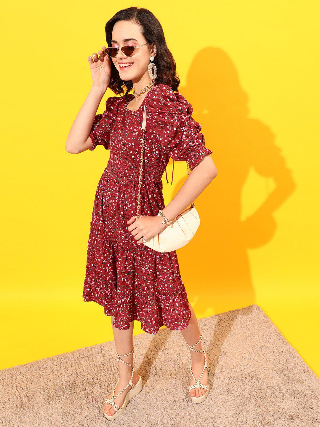 STREET 9 Puff Sleeves Tiered Georgette A-Line Dress