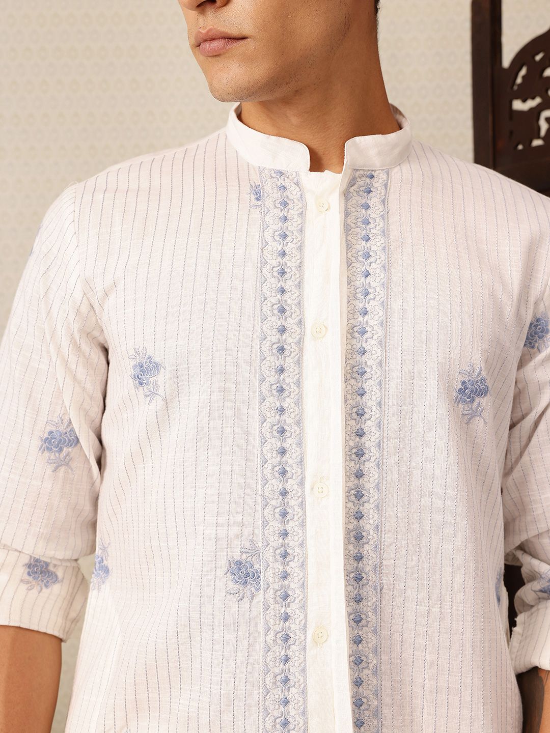 House of Pataudi Striped Jashn Pure Cotton Kurta with Trousers