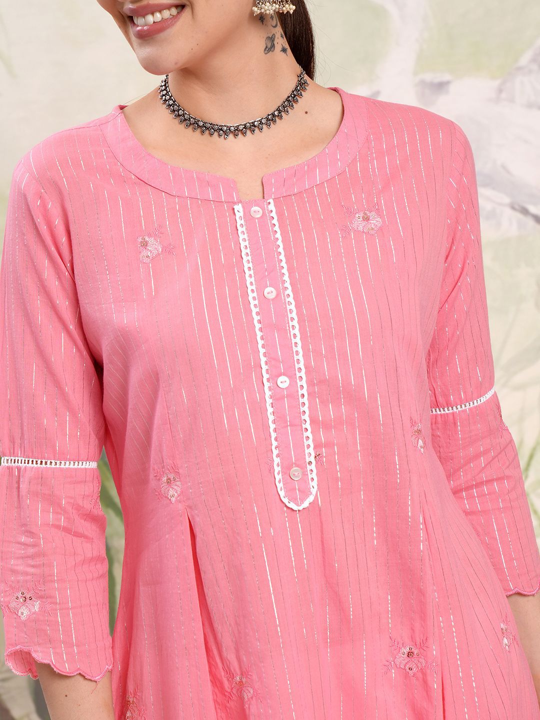 Vishudh Pink Floral Embroidered Thread Work Pure Cotton A-Line Kurta With Trousers