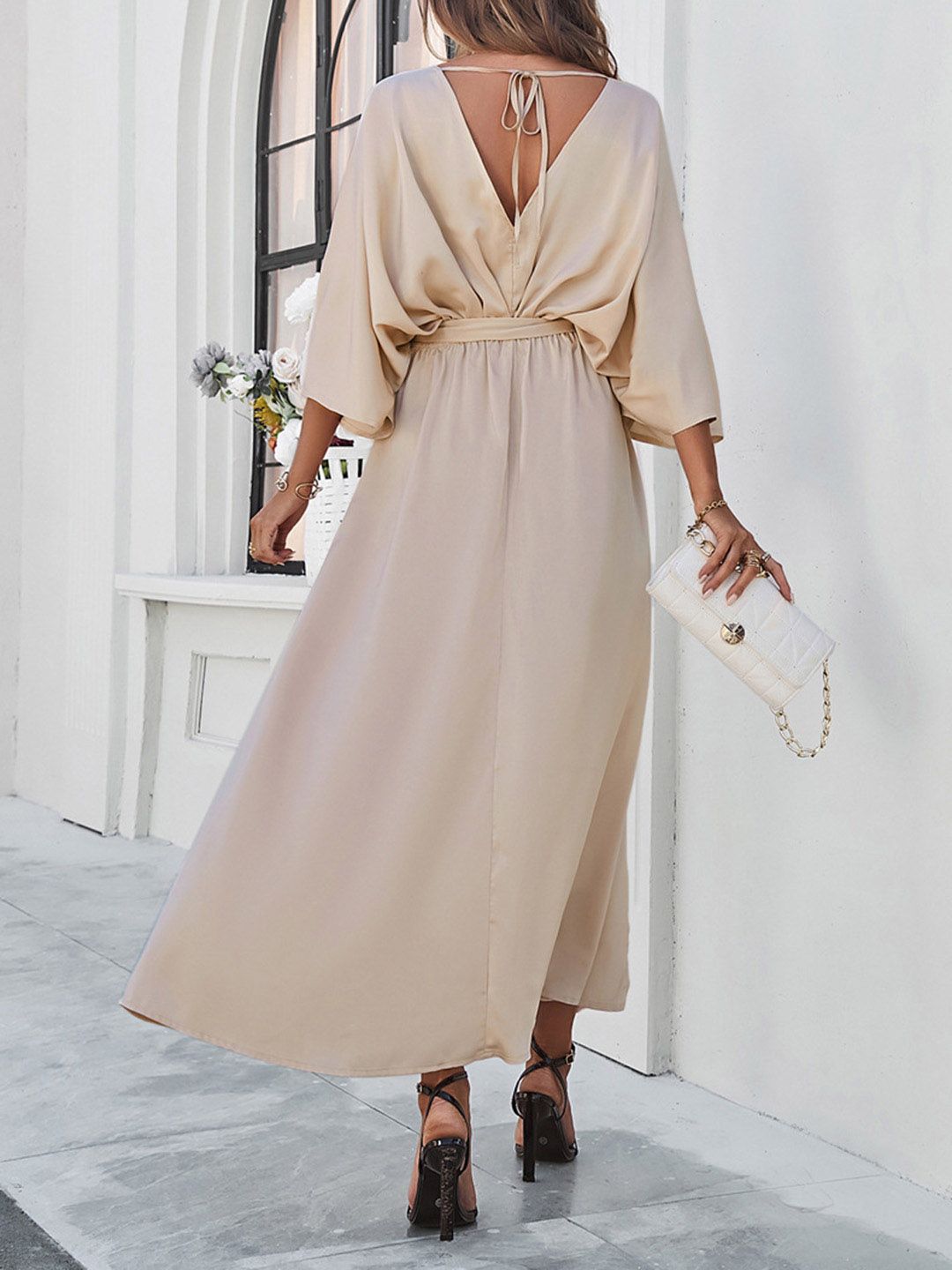 all about you Champagne Flared Sleeve V-Neck Maxi Dress