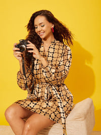 Quiero Women Print Puff Sleeve Satin Fit & Flare Dress