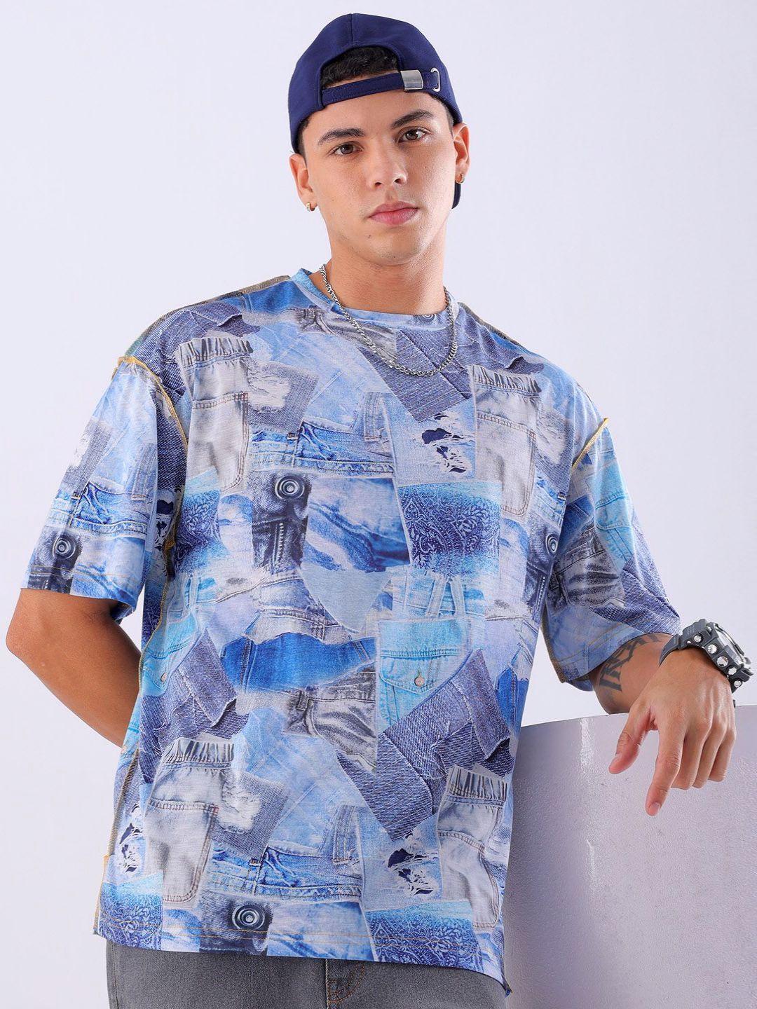 The Indian Garage Co Men Abstract Printed Neck Oversized T-shirt