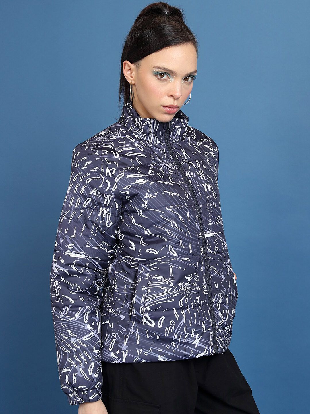 Tokyo Talkies Printed Mock Collar Puffer Jacket