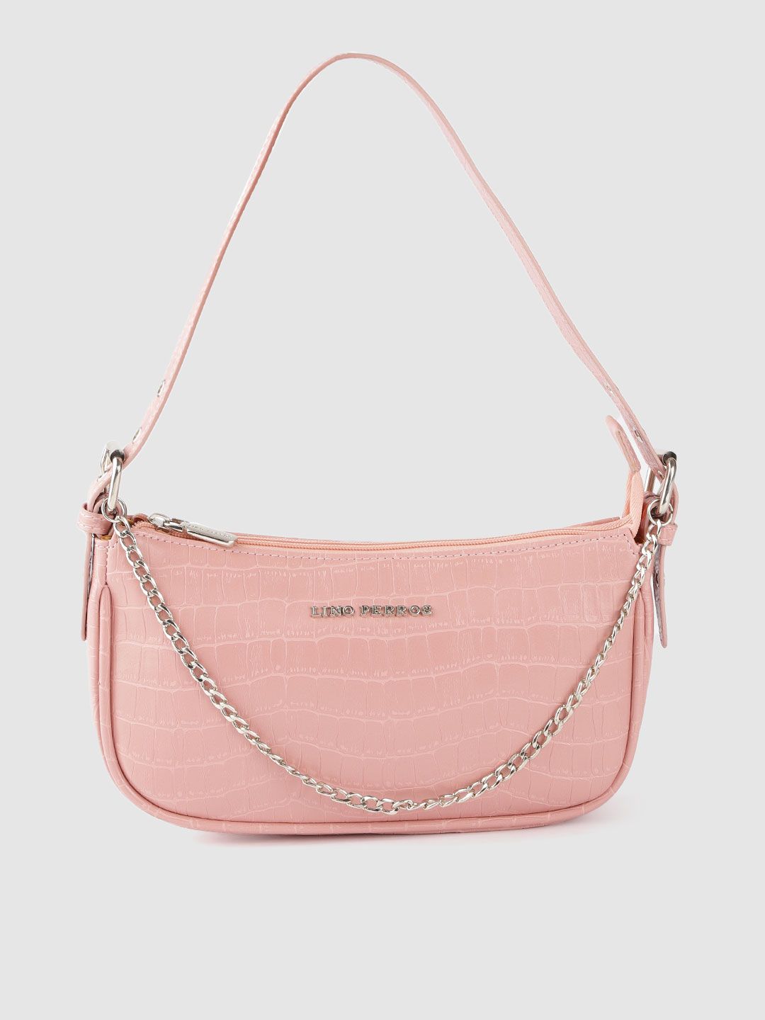 Lino Perros Peach-Coloured Croc Textured Baguette Bag