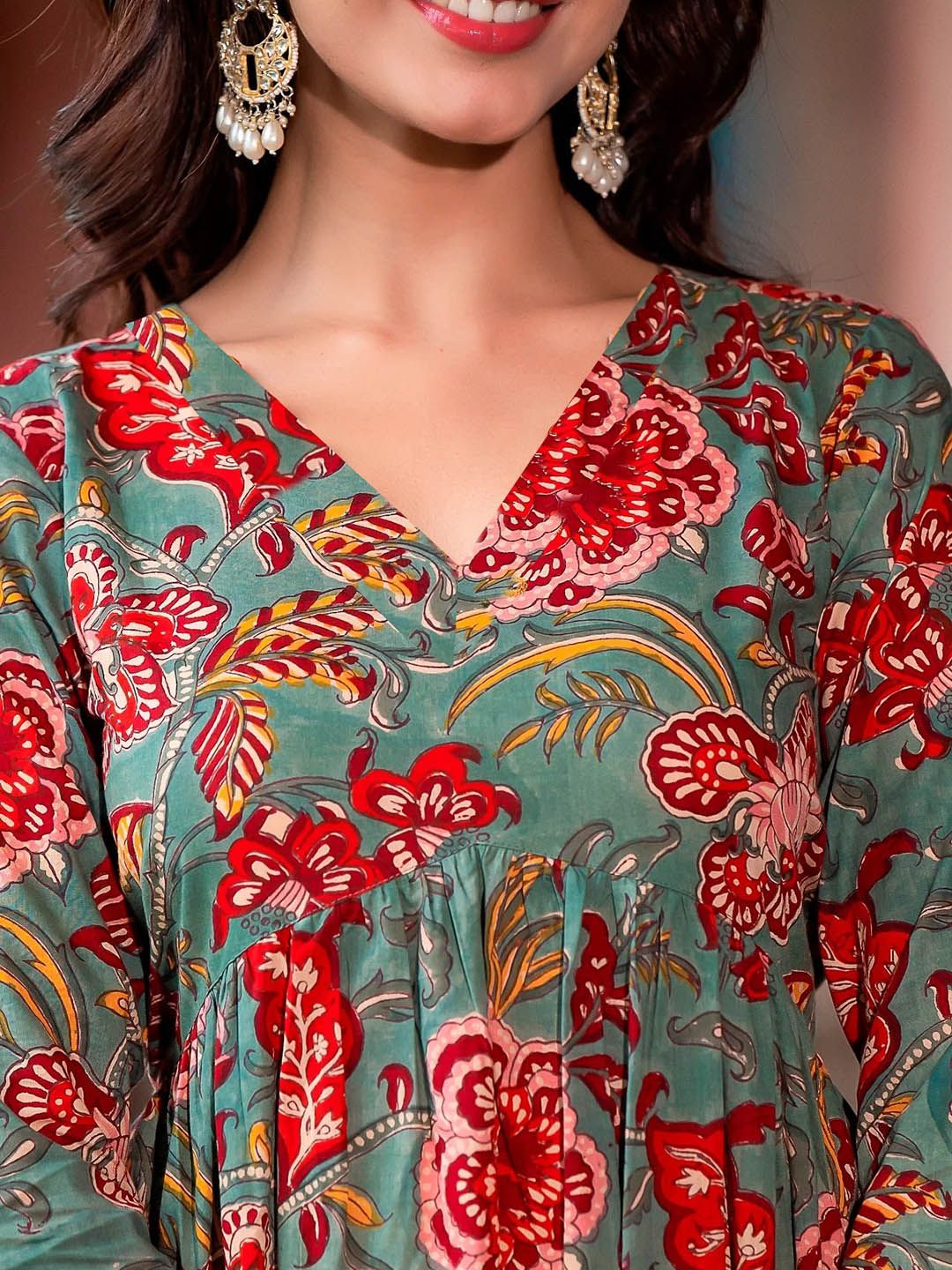 KALINI Floral Printed Empire Kurta with Trousers & Dupatta