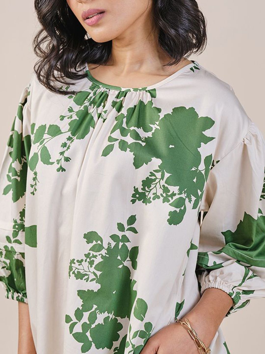 AND Floral Print Tie-Up Neck Puff Sleeve A-Line Dress