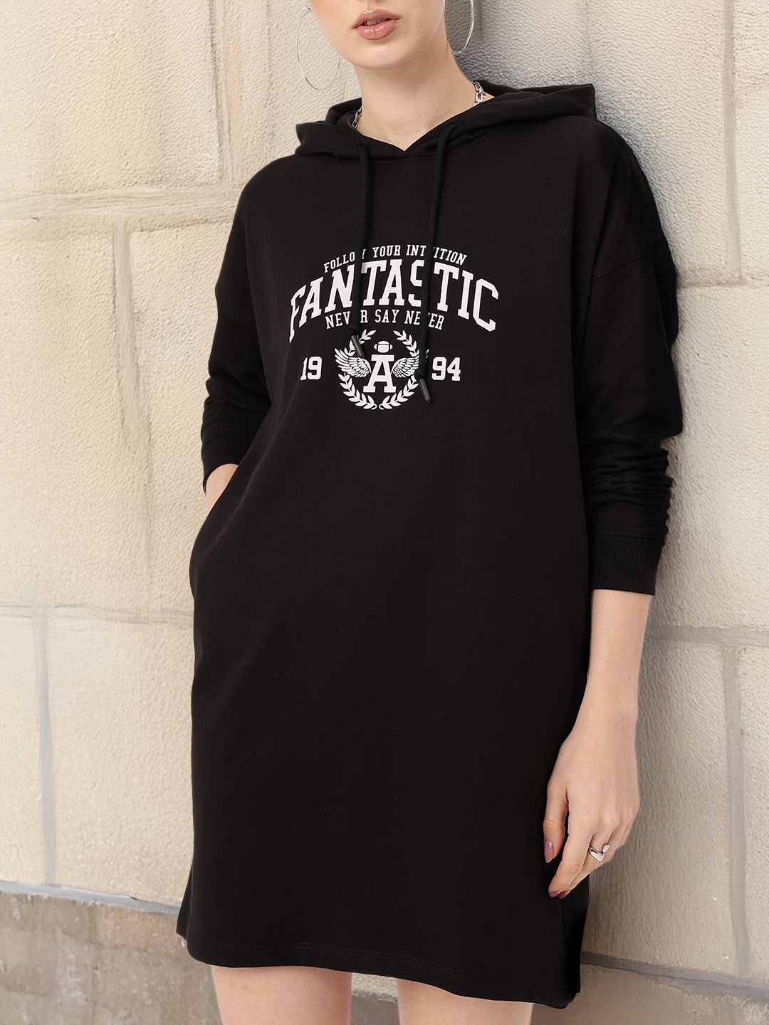 DressBerry Varsity Cool Printed Hooded T-shirt Dress