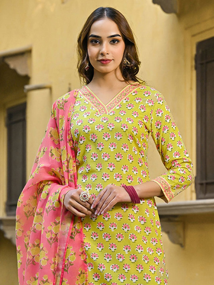 KALINI Floral Printed Straight Kurta with Trousers & Dupatta