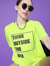 STREET 9 Women Lime Green Typography Printed Extended Sleeves Oversized Pure Cotton T-shirt