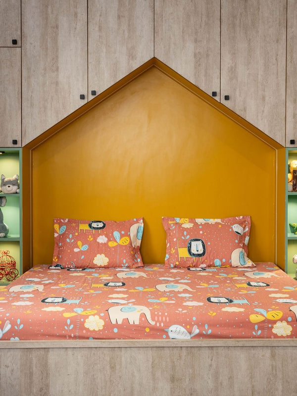 URBAN SPACE Orange Cartoon Characters 200 TC Cotton Queen Bedsheet & 2 Pillow Covers