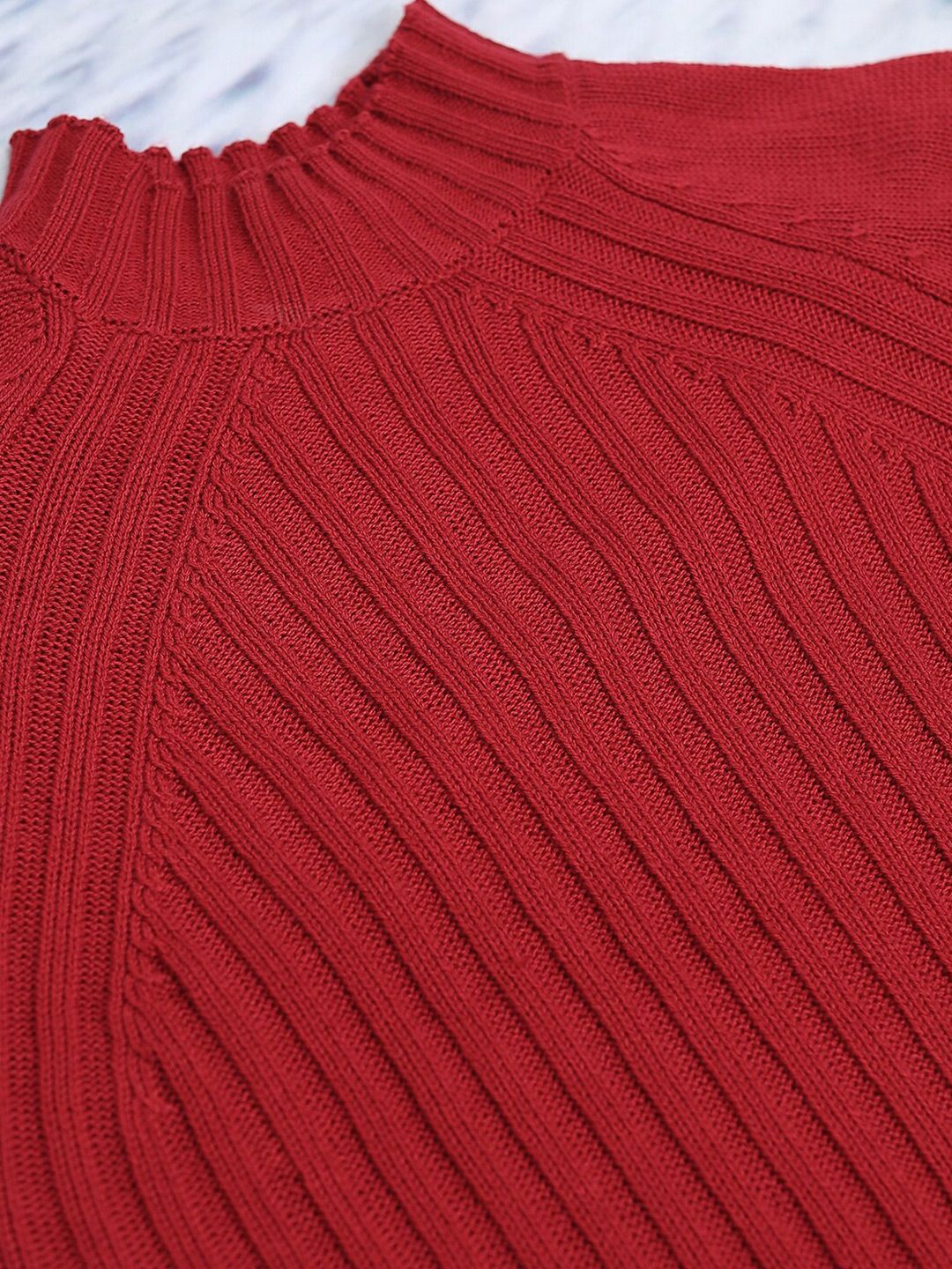 Tokyo Talkies Ribbed High Neck Embellished Detail Acrylic Pullover