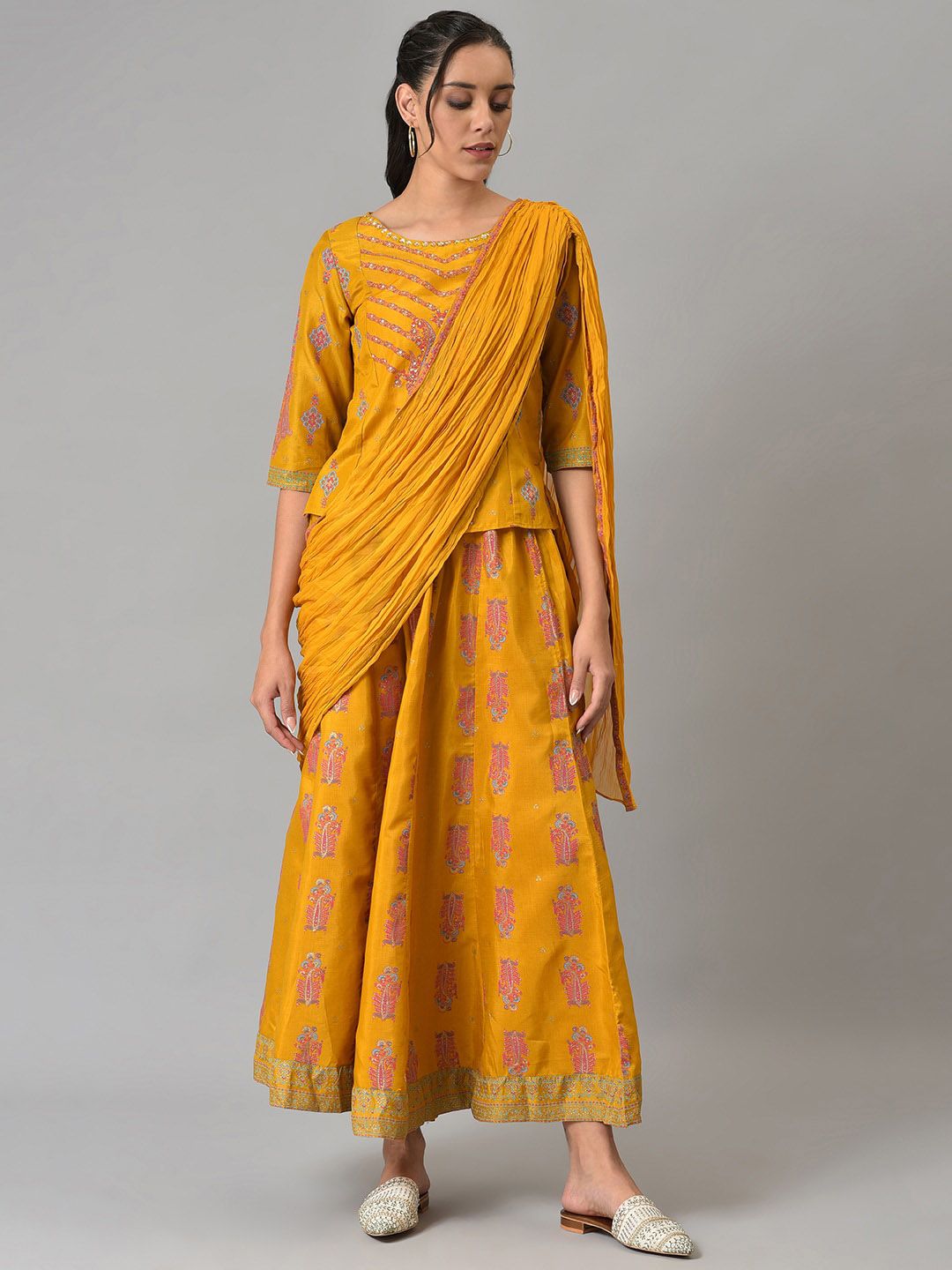 W Festive Printed Shantung Top & Culotte With Attached Drape Co-ords