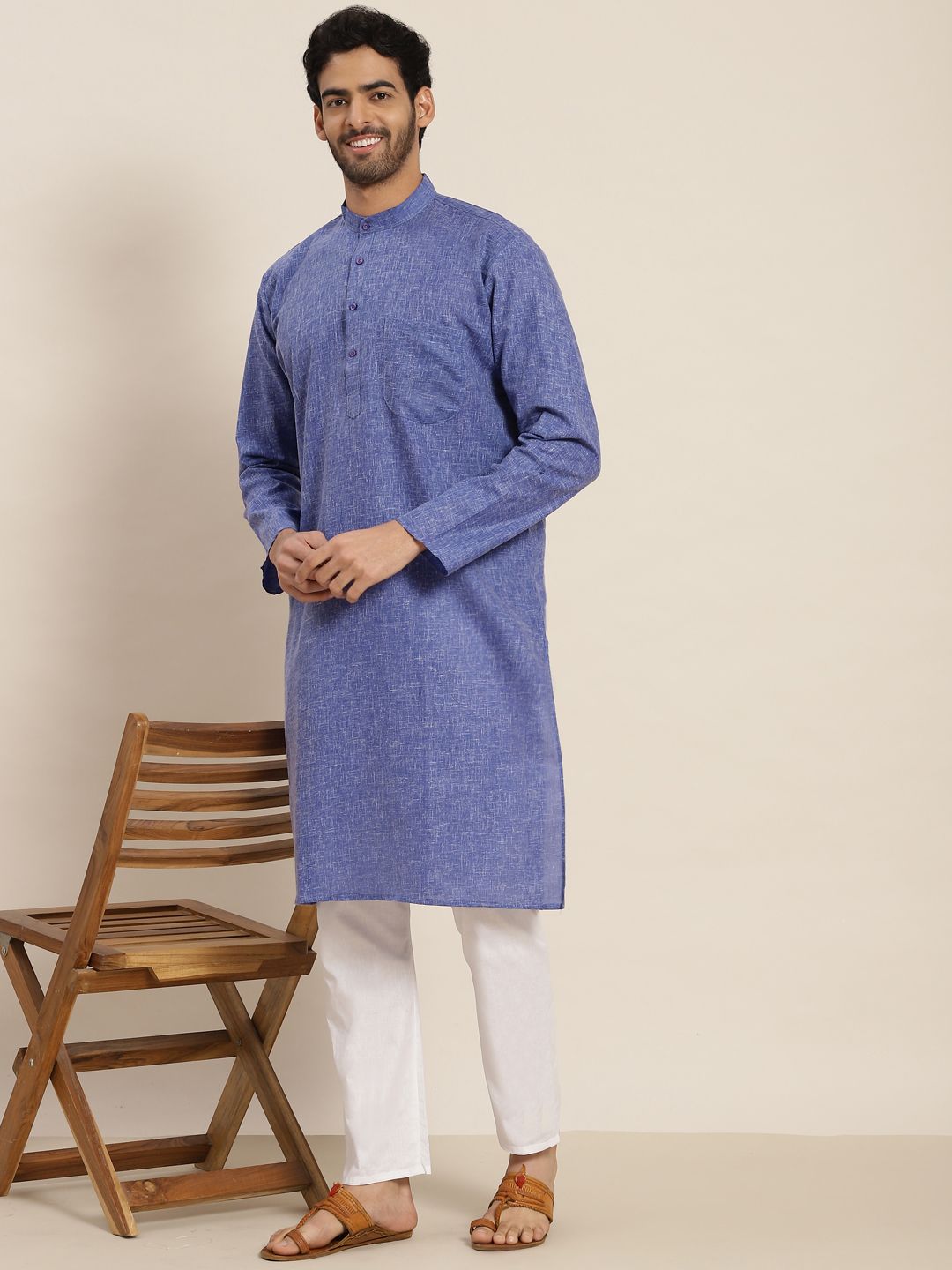 SOJANYA Lelaki Blue Dobby Cotton-Linen Kurta