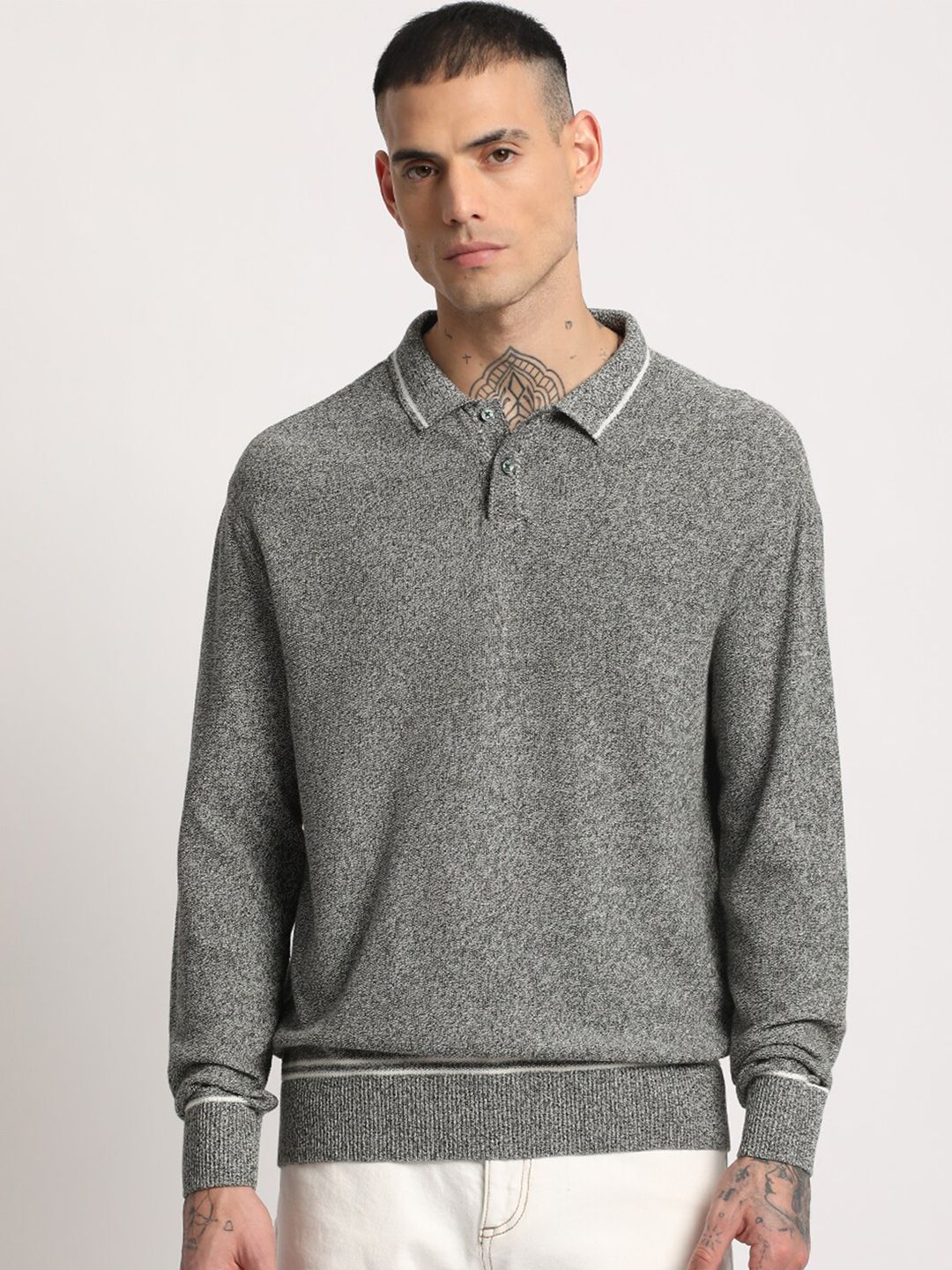 THE BEAR HOUSE Men Self Designed Regular Fit Cotton Polo Collar T-Shirt