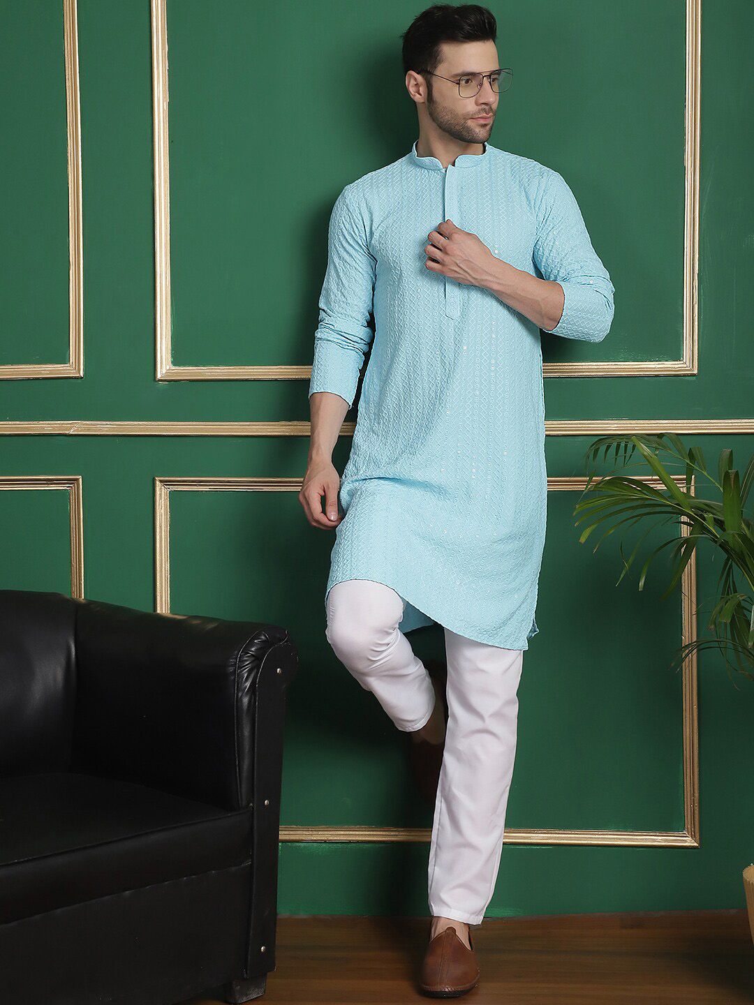 Anouk Blue Ethnic Embroidered Straight Kurta with Pyjamas