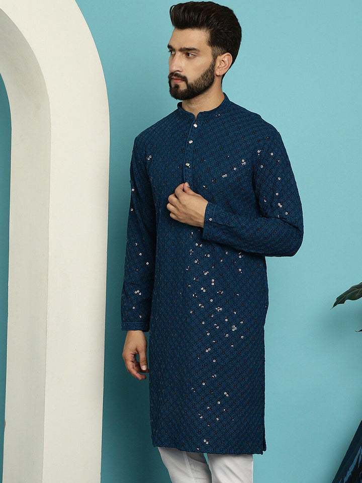 SOJANYA Embellished Pure Cotton Mandarin Collar Straight Kurta