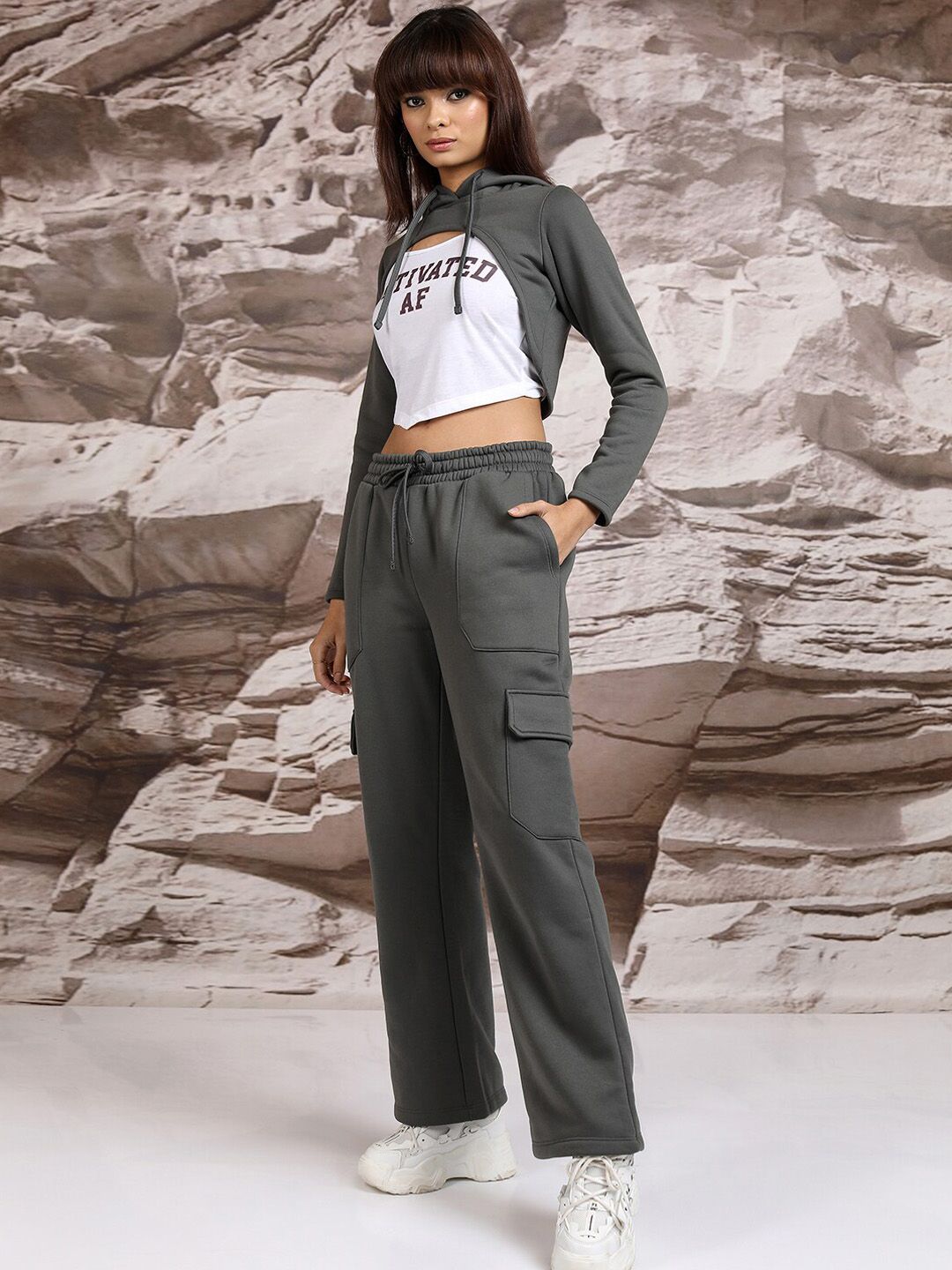 Tokyo Talkies Hooded Crop Top With Sweatshirt & Wide Leg Trousers