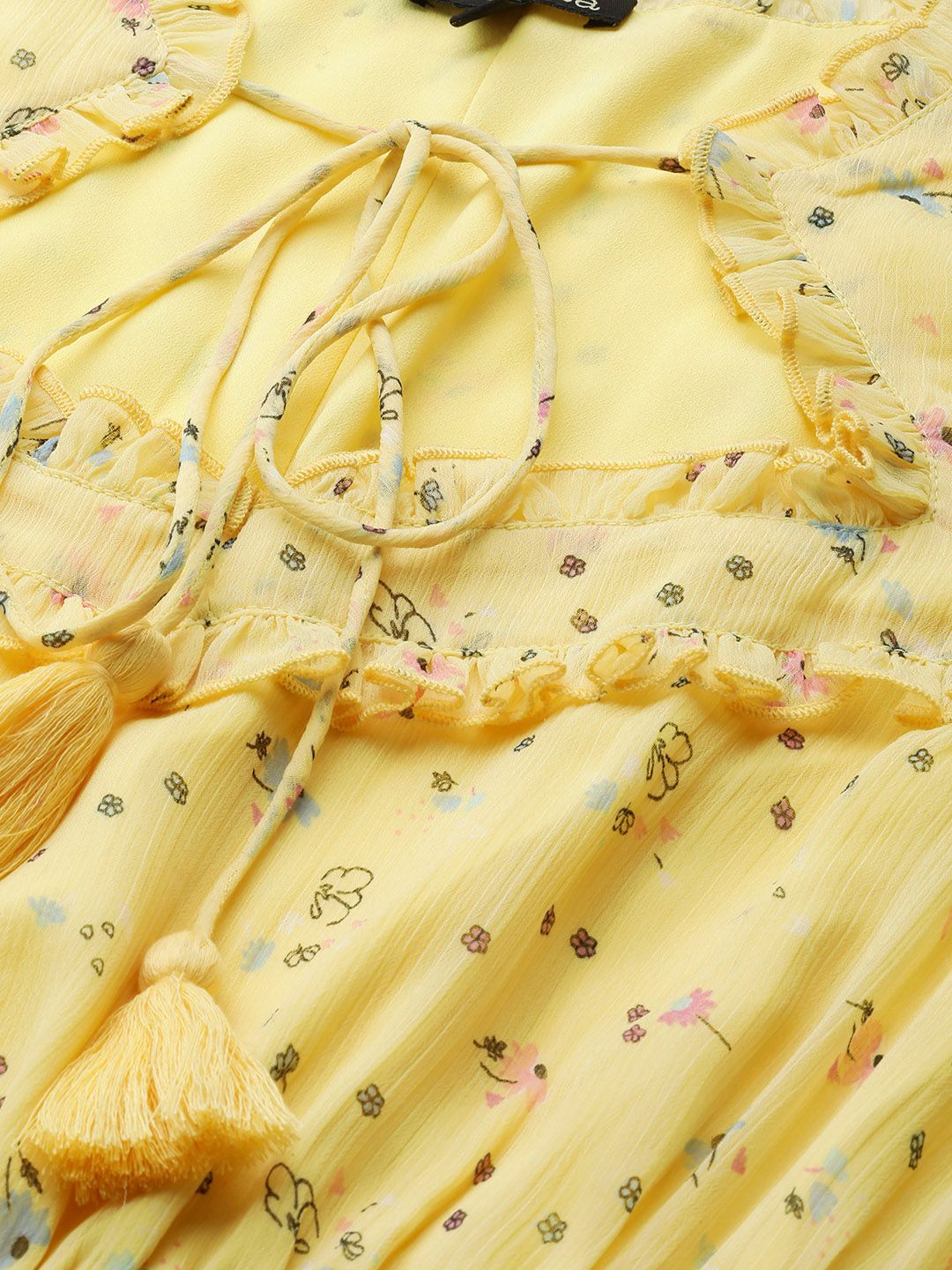 Antheaa Yellow Floral Chiffon Midi Dress