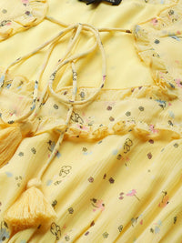 Antheaa Yellow Floral Chiffon Midi Dress