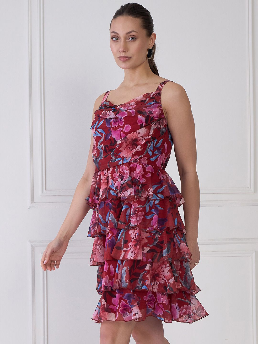 Antheaa Red Floral Print Round Neck Layered Fit & Flare Dress