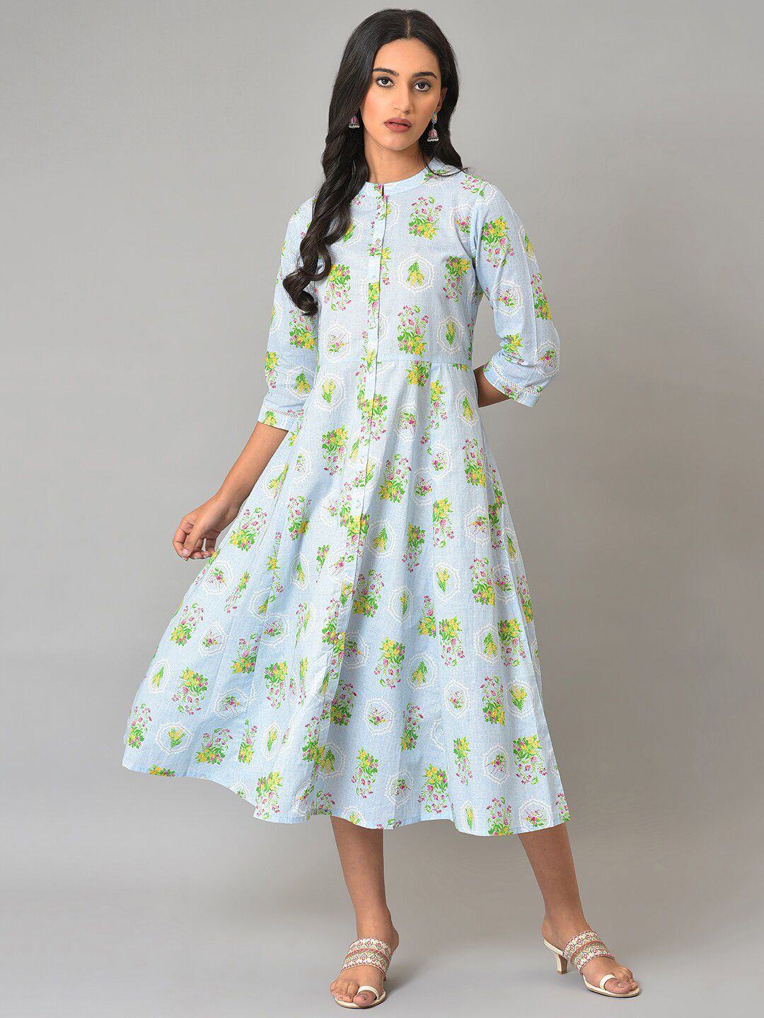 W Floral Printed Mandarin Collar A-Line Pure Cotton Midi Dress