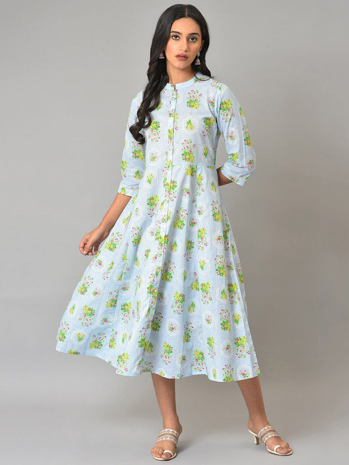 W Floral Printed Mandarin Collar A-Line Pure Cotton Midi Dress