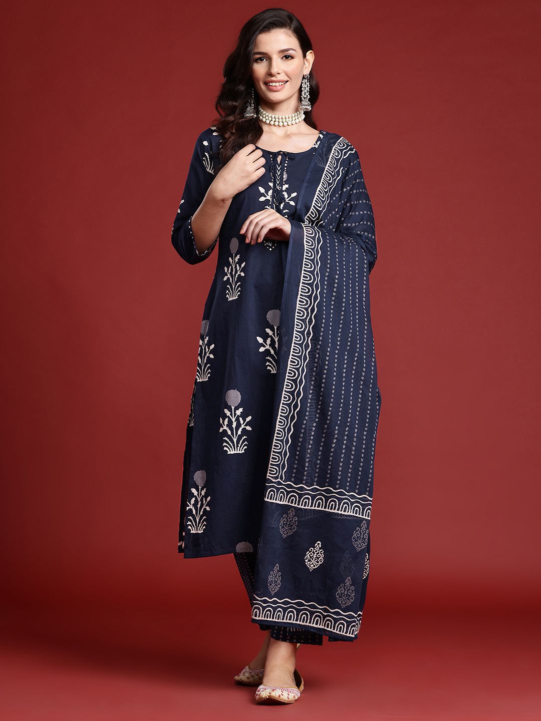 Indo Era Floral Printed Sequinned Pure Cotton Kurta With Trousers & Dupatta