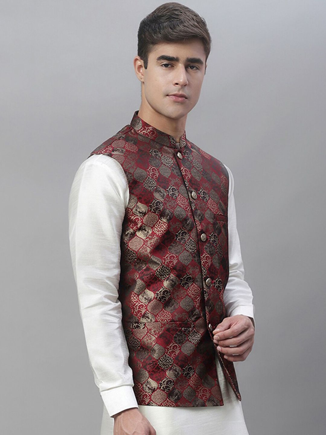 Anouk Men Maroon Woven Design Nehru Jacket