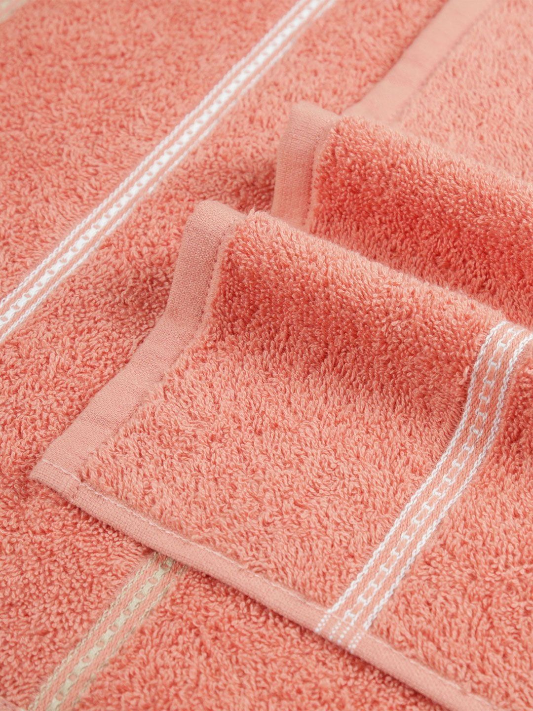 MYTRIDENT Peach-Coloured & White Striped Cotton 450 GSM Bath Towel