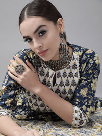 Libas Women Navy Blue Pure Cotton Floral Print Kurta with Palazzos & Dupatta
