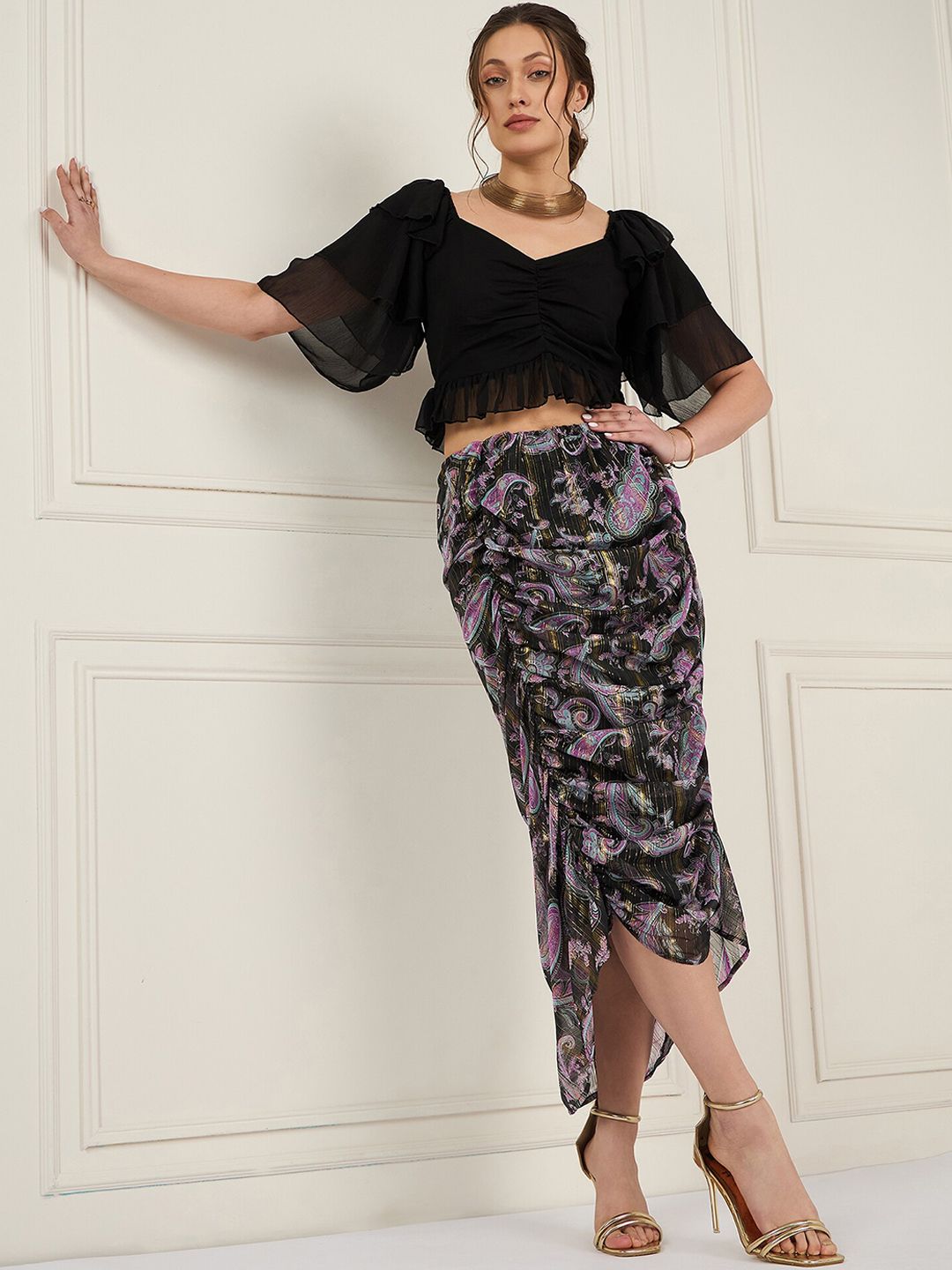 Antheaa Sweetheart Neck Crop Top With Printed Ruched Skirt