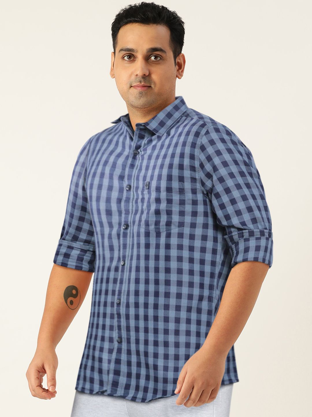 The Indian Garage Co Men Blue Checked Pure Cotton Casual Shirt