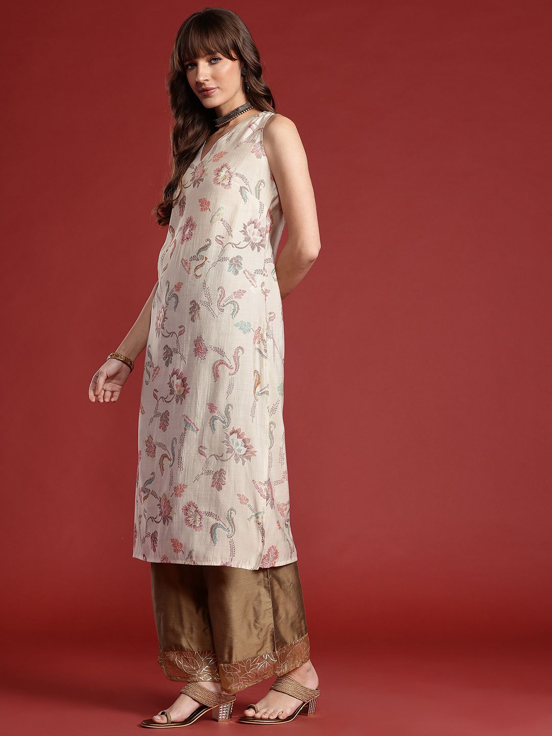 Anouk Floral Printed V-Neck Straight Kurta