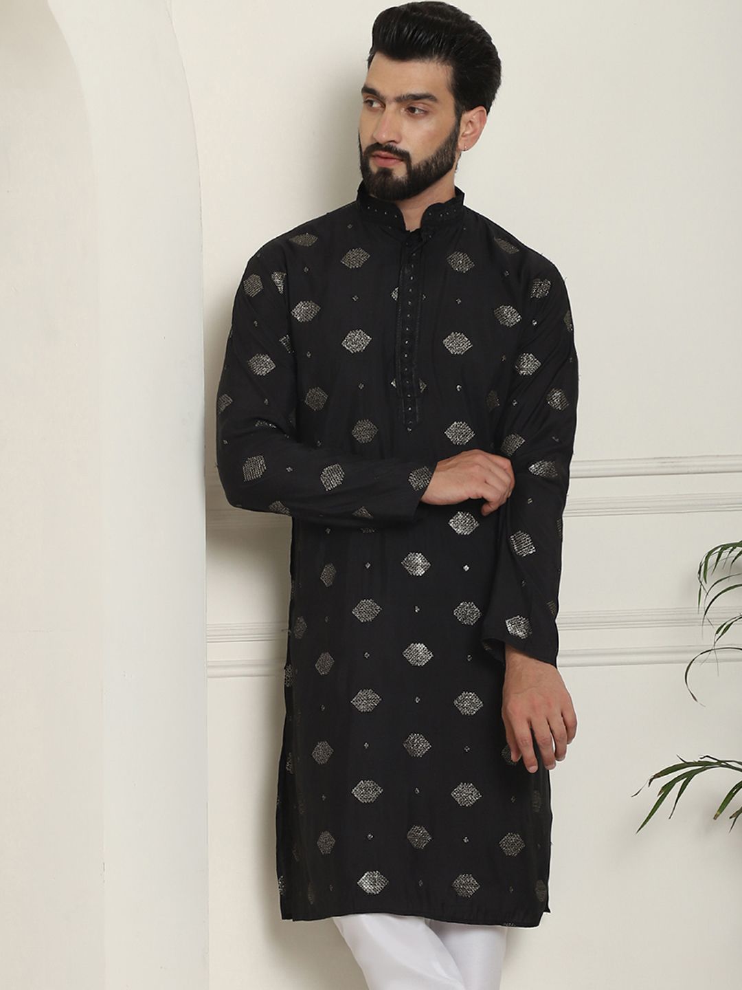 SOJANYA Dihiasi Geometrik Kolar Mandarin Kolar Kapas Sutera Lurus Kurta
